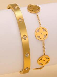 2 pièces Set de bracelets pour femme avec trèfle à quatre feuilles lisse et incrusté de cubic zirconia cubiques, convient pour de multiples occasions et cadeau pour les amis