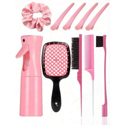 1 قطعة/مجموعة 10 قطع تشمل: 1 قطعة زجاجة رذاذ ضغط عالي سعة 200 مل، 3 قطع مجموعة أمشاط (مشط لتضخيم الجذور، فرشاة الحواجب، فرشاة الاستخدام للخط الشعري، مشط الذيل)، 1 قطعة كعكة شعر كبيرة، 4 قطع مشابك للشعر الأمامي. مناسبة للصالون والحلاقة والمنزل والسفر، تناسب جميع أنواع الشعر واحتياجاته، لإنشاء تسريحات شعر أنيقة