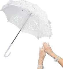 Mini White Lace Parasol With Floral Gloves For Girls – Vintage Wedding Umbrella For, Tea Party Costume Accessory, Victorian Style Sun Shade For Photoshoots