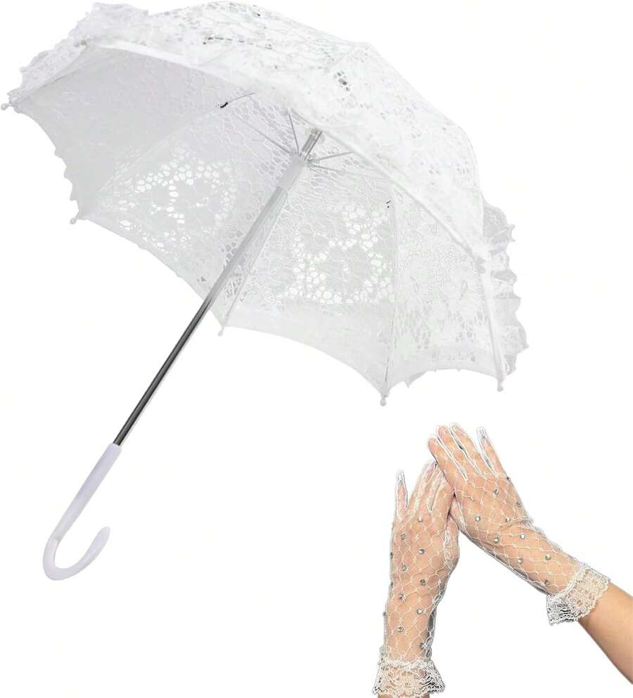 Mini White Lace Parasol With Floral Gloves For Girls – Vintage Wedding Umbrella For, Tea Party Costume Accessory, Victorian Style Sun Shade For Photoshoots