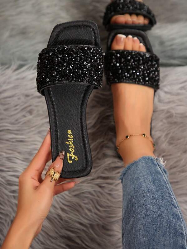 Women's Slide Sandals With Rhinestone Decor, Summer Casual Versatile Outdoor Plastic Flat Slippers