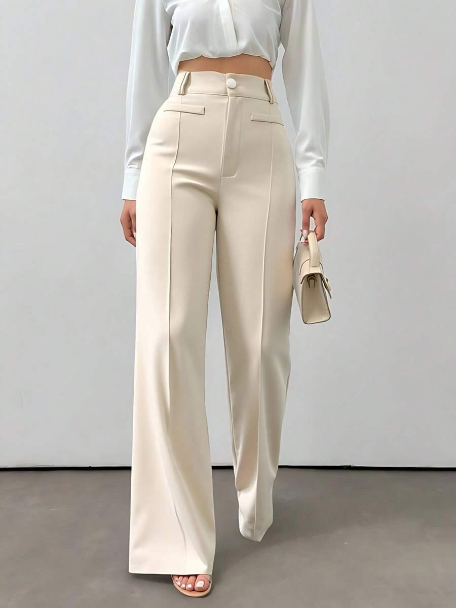 LIU ME Women's Tailored Trousers With Fake Pocket – High Waist And Wide Leg Pants - Màu be - Xem 1