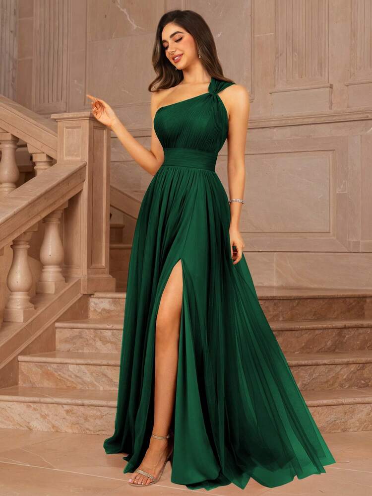 MOEVIO Vestido Longo Formal de Dama de Honra e Convidada de Casamento com Decote Assimétrico de Ombro Único, Sobreposição de Tule Sem Costas, Silhueta A, para Verão, Dia dos Namorados, Aniversário, Vestidos de Outono para Mulheres, Looks de Volta às Aulas e Homecoming para Aniversário - Verde Escuro - Visão 3