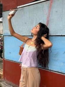 Womens Summer Tie Front Crop Tops Cute Ruffle Ruched Spaghetti Strap Tank Tops Y2K Going Out Shirts - 紫色 - 查看 8