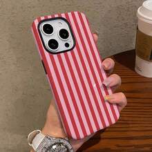 Pink Striped, Minimalist, Dual-Layer Protective Phone Case For Iphone 16 Pro Max, 15 Pro, 13, 11, 12, XS Glossy 2-In-1 - 白色 - 查看 3