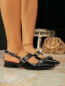 Women's, All - Season Adaptable, Black Patent Leather Buckle Backless Shoes, Square Heel No Fatigue, Workplace Commute Ritual, Patent Leather Material, Sleek & Sharp Shoes - Black - View 5