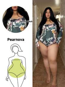 Truni Plus Size Women Square Neck Long Sleeve Camouflage Print Bodysuit, Suitable For Everyday Wear, Music Festival, Concert, Carnival Party, Beach Vacation, Date Night, Birthday, Bachelorette Party Outfit, Club, Cute, Casual, Shopping, Streetwear, Going Out, Flirty, Easy To Match & Looks Slim, Accentuates The Body, Flattering Figure