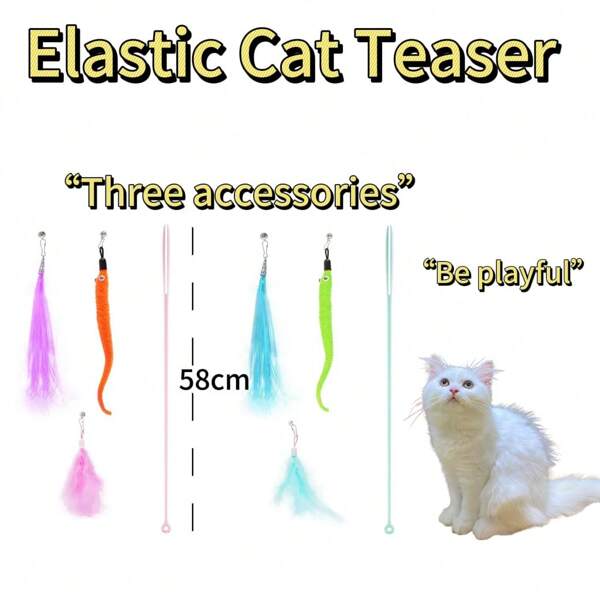 Cat Toy Plastic Long Stick With Replaceable Elastic Teaser Wand Accessories