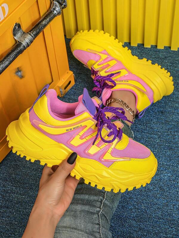 Women's Unique Creative Party & Holiday Casual Low-Top Chunky Chunky Sneakers, Pink & Yellow, Shock-Absorbing, Lace-Up, Durable, Anti-Slip, Wedge Heel, Suitable For Holidays, Parties, Gatherings, Gifts