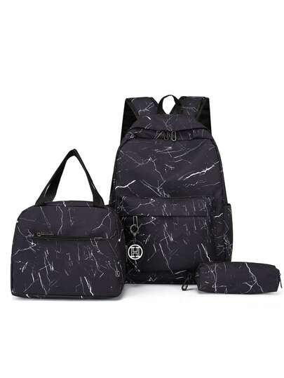 多功能Preppy Campus背包3件套（含背包、手提包、手拿包）简约纯色背包百搭尼龙旅行背包大容量字母标签装饰简约休闲书包