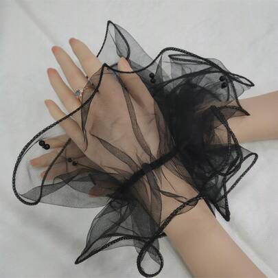 薄珍珠网纱袖套，美甲摄影袖套，新娘婚礼迷你袖套，短款网纱手套，伴娘腕花袖套，美甲艺术配件，摄影道具（白色，黑色）