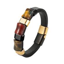 New Fashion Tiger's Eye Stone Chakra Jewelry Charm Stainless Steel Men's Leather Bracelet 100% Natural Stone Bracelet Wholesale