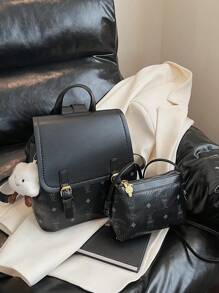 女士 PU 皮革兔子印花翻盖背包 + 单肩包套装（含毛绒钥匙扣），时尚实用的通勤包