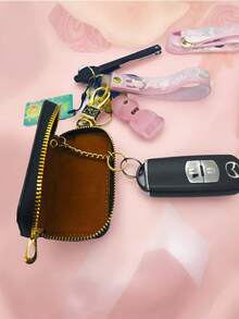 Luxury Faux Leather Keychain Case, Litchi Texture Key Protector Cover, Oval-Shaped, With Edge Paint Detail, For Wedding, Bridal Shower, Birthday, Bar/Bat, Tailgating, Christmas, Halloween, Easter, Thanksgiving, Valentine's Day - Multicolor - View 2