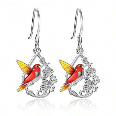 1 pieza de pendientes de flor y colibrí de plata 925 con esmalte, frescos, dulces y lindos para mujer, para fiestas, banquetes y uso diario