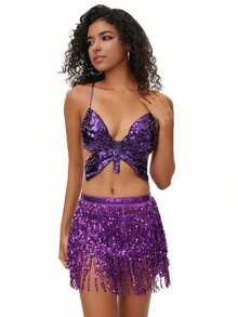 2pcs Set Glitter Fringe Strap Dress For Belly Dancing, Latin Dance, Stage Performance, Competition - 彩色 - 查看 18