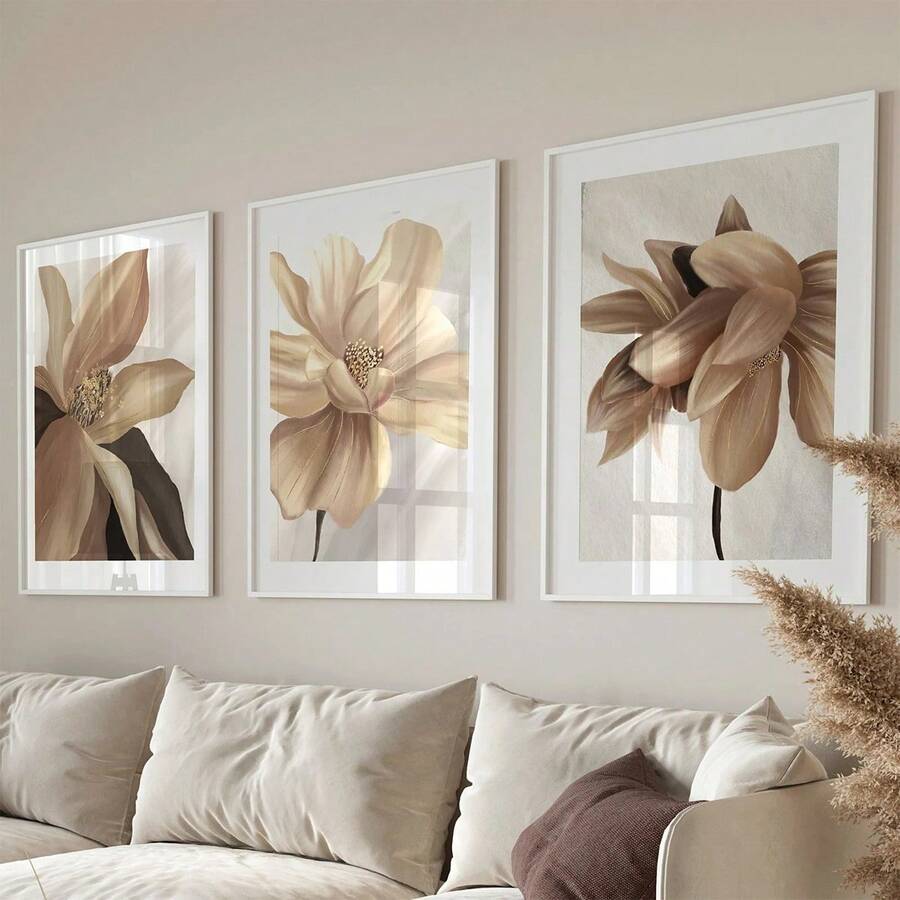 3pcs Unframed Canvas Neutral Wall Prints, Botanical Wall Prints, Nature Wall Prints, Beige, Brown, Autumn Room Wall Decor Art - Multicolor - View 1