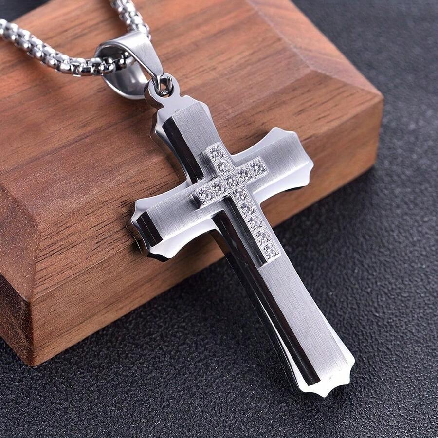 Men's Stainless Steel Multi-Layer Cross Pendant Necklace With Black Enamel & Accents - Edgy Modern Design For Festive Occasions, Parties, Music Festivals - Year-Round Versatile Jewelry, Festival Necklace, Intricate Craftsmanship - vòng cổ - Xem 1