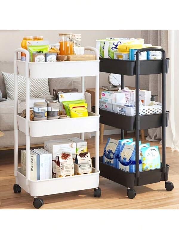 Multifunctional Storage Rack For Kitchen, Bathroom, Bedroom, 10 Applicable Scenes, Thick Plastic Swivel Wheels, Mobile Cart, White & Black Color, Space Saving Essential
