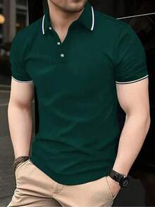 Camisa polo de manga corta a rayas de verano, casual y para commuter, para golf, para hombres, Camiseta polo diaria sencilla de unicolor para hombre,ideal para desplazamientos - Verde oscuro - Ver 2
