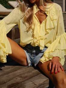 Women Long Sleeve Ruffled Button Down T Shirts Casual Collared Solid Work Tops Blouse - Màu vàng - Xem 3