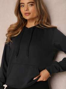 女式纯色长袖口袋抽绳连帽运动衫 - 黑色 - 查看 4