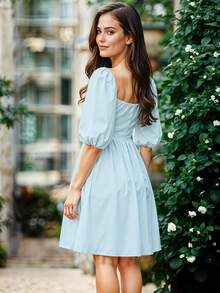 Vestido Corto de Escote Cuadrado con Manga Abullonada Casual para Mujer - Azul y blanco - Ver 2
