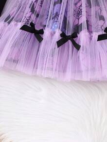 Girls Halloween Dress 4-7 Years Old Long Sleeve Black Top Purple Tulle Tutu Pumpkin Bat Print Young Girl Party Kindergarten Costume - Purple - View 10