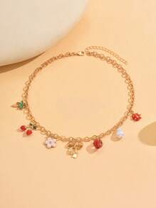 1 colar com pingente multi-encantos de verão doce com laço, morango, decoração floral, colar versátil e moderno para mulheres, adequado para uso diário, encontros, sessões de fotos, festas