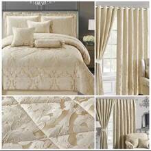 Gold Bedspread Set Damask Jacquard Design With Matching Cushions Curtains - 1 - View 1