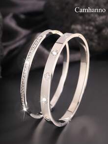 Camhanno 2pcs Of Simple And Fashionable, Elegant And Charming Stainless Steel Zirconia Different Shapes And Styles Bracelet Combination, Add Points To Your Beauty, Suitable For Daily Wear To Send Lovers/Best Friend - Yellow Gold - View 6