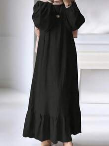 Women's Solid Color Fashionable Petal Sleeve Ruffle Hem Dress Black - Black - View 2