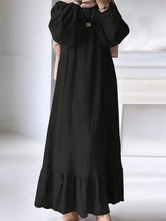 女性用エレガントなソリッドカラーファッションパフスリーブフリルヘムアラビアスタイルドレス、即日出荷