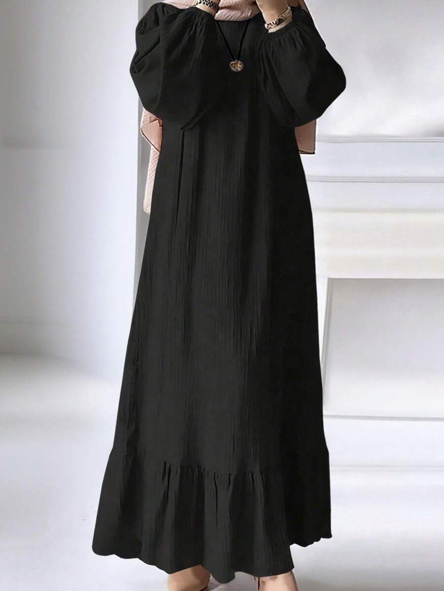 Women's Solid Color Fashionable Petal Sleeve Ruffle Hem Dress Black