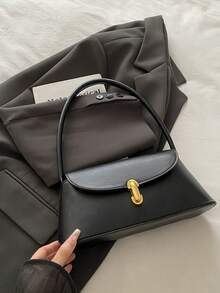 Bolso baguette de concha retro con decoración de cerradura de metal de cuero PU suave, bolso de hombro para mujer, nuevo bolso de mano para dama, bolso cuadrado pequeño - Negro - Ver 3