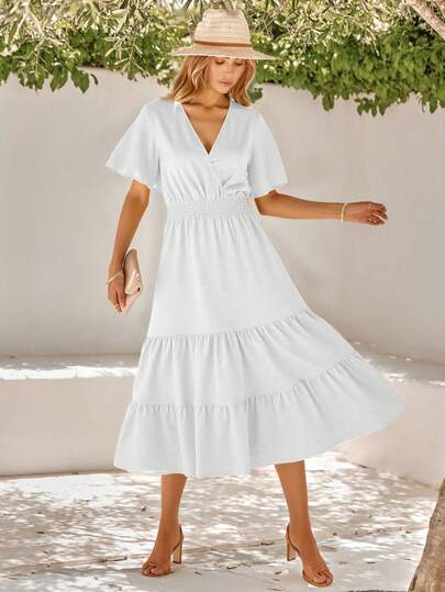Vestido Largo Liso Para Mujer, Vestidos Amarillos Con Cuello en V, Vestidos Blanco Manga De Campana, Vestido Con Ribete Fruncido