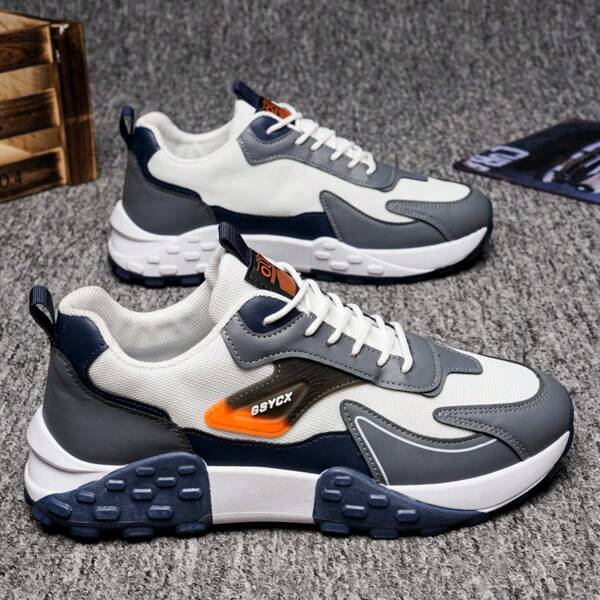 Men's Latest Lace-Up Sneakers, Colorblock Athletic Shoes, Designer Soft Bottom Comfortable Chunky Sneakers, Versatile Korean Style Men Casual Shoes, Running Shoes