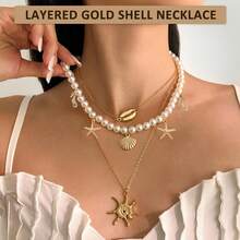 Ocean-Style Beach Shell Necklace, Shell Beads + Starfish Shell Multi-Layer Pendant, Vacation Outfit, Seaside Photo Shoot, Bonfire Party - Gold - View 1