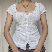 Women's Eyelet Detail Ruffle Trim Crop Top, Short Sleeve Button-Down Blouse - White - View 2