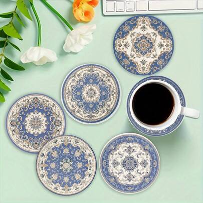 1套/4件/6件：波西米亚印花硅藻泥杯垫，花卉咖啡杯垫，家居和餐厅多场合装饰，日常礼品，餐桌装饰，日常装饰，主题派对装饰