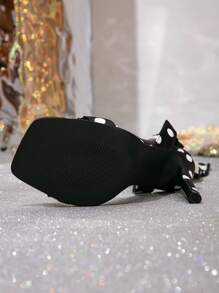 2025 New Summer Dot High Heels Sandals, Square Toe Open Toe High Heeled Shoes With Dot Lace-Up Bowknot, Charming & Breathable, Suitable For Dresses - Black - View 6