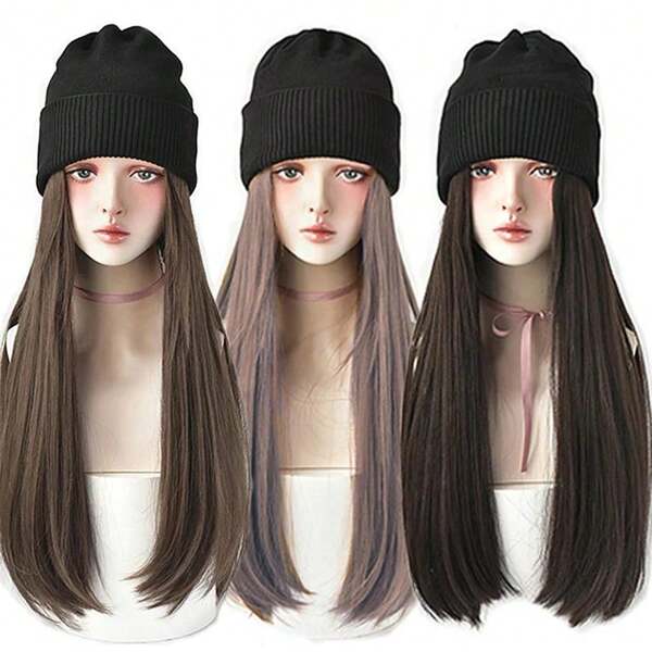 Peluca sintética recta ondulada de 22 pulgadas de largo con gorro elástico tejido - Gorro con peluca de fibra resistente al calor, 100% de densidad, look natural para uso diario, estilo básico