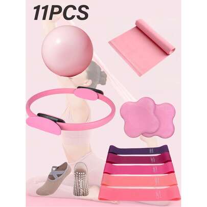 11pcs Yoga And Pilates Exercise Set - Home Fitness Equipment For Women - Includes Booty Resistance Bands, Mini Pilates Yoga Ball, Yoga Socks, Stretch Strap, Strength Training Discs, Yoga Knee Pad. Suitable For Leg, Arm And Thigh Workouts At Home.