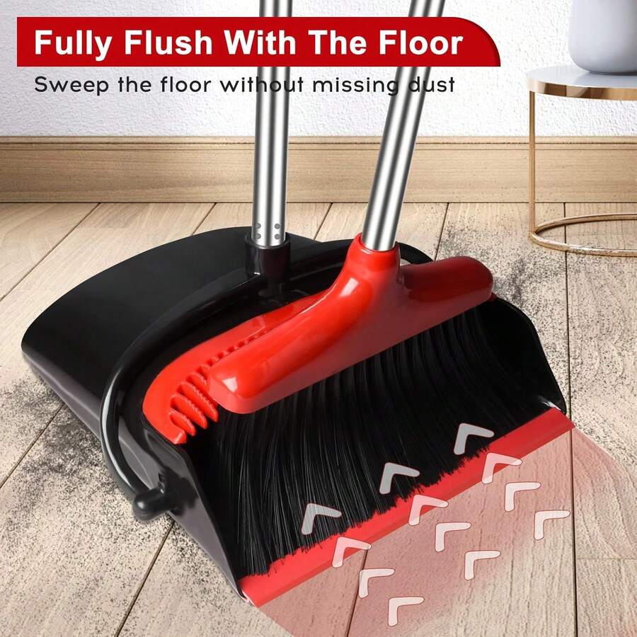 Broom And Dustpan Set, 52-In Long Adjustable Handle Broom Dustpan Combo With Dustpan Teeth To Automatically Clean Hair Suitable For Home Kitchen Office Hall Floor - Đen so với Đỏ - Xem 1
