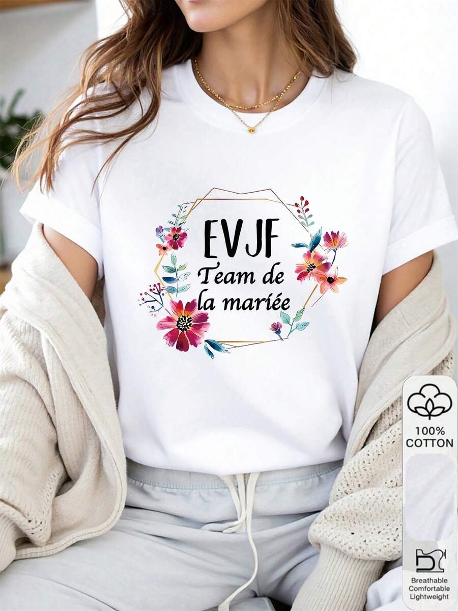 T-shirt graphique à fleurs et slogan - Blanc - Voir 1