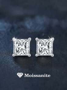 2 对简约嘻哈风格 925 纯银 1 克拉公主方形切割莫桑石耳钉，适合女性日常佩戴、派对或度假、男女通用生日、结婚周年珠宝礼物 - 銀色 - 查看 1