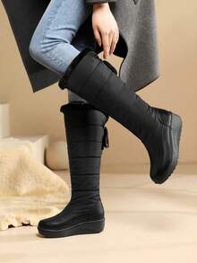 Women's Fuzzy Faux Fur Winter Snow Boots Fashion Platform Wedges Heel Pull On Waterproof Casual Comfy Knee High Boots Woman - màu đen - Xem 2