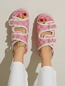 女士圆头厚底复古花卉印花厚底一脚蹬沙滩凉鞋，时尚百搭 - 粉色 - 查看 6