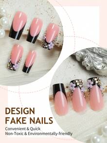 （24片装）加长棺材形亚克力美甲贴纸。花卉图案和简约黑色法式全覆盖亚克力美甲贴纸。一套完整的优质亚克力美甲贴纸。适合女性和女孩，按压式美甲贴纸，美甲用品。指甲 - 彩色 - 查看 3