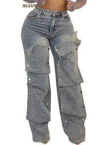 Women Cargo Jeans High Waisted Straight Wide Leg Jeans Pants Button Detachable Denim Cargo Trousers - 00xanh nhạt - Xem 1